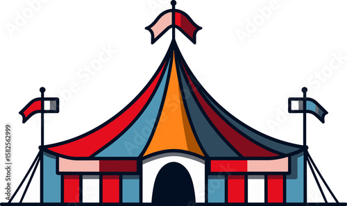 Whimsical Circus Tent Illustration with Flags and Vibrant Colors