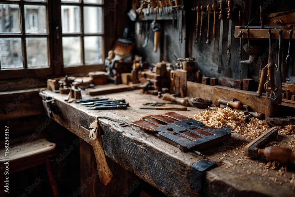 Side view of old craftsman’s workbench with leather tools, clamps, and wood shavings, natural daylight from window Side view of old craftsman’s workbench with leather tools, clamps, and wood shavings, natural daylight from window
