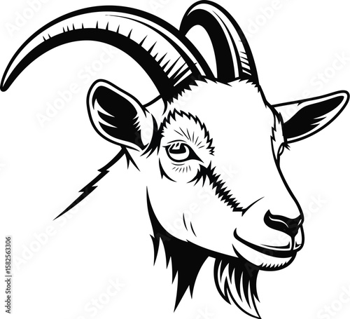 Striking graphic illustration featuring a goat head with prominent horns, rendered in a bold black and white vector design.