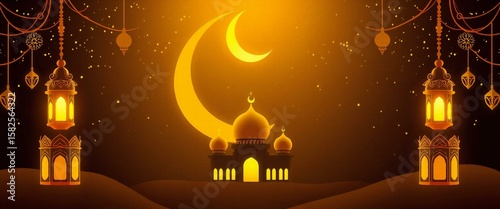 Glowing crescent moon and mosque with festive lanterns under a starry night sky