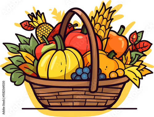 Autumn Harvest Basket Filled with Seasonal Fruits and Vegetables