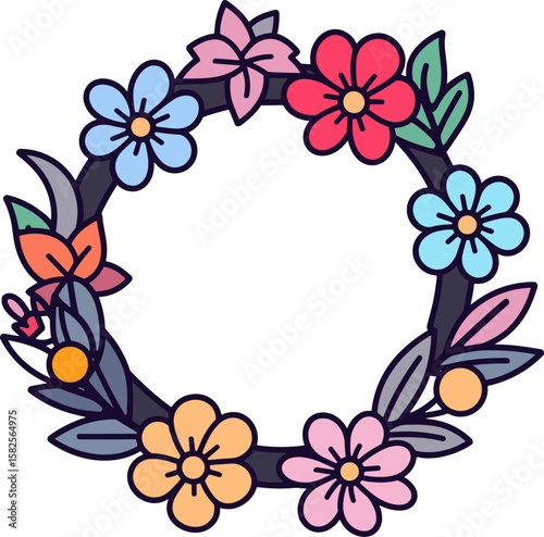 Floral Wreath with Colorful Flowers and Leaves Illustration