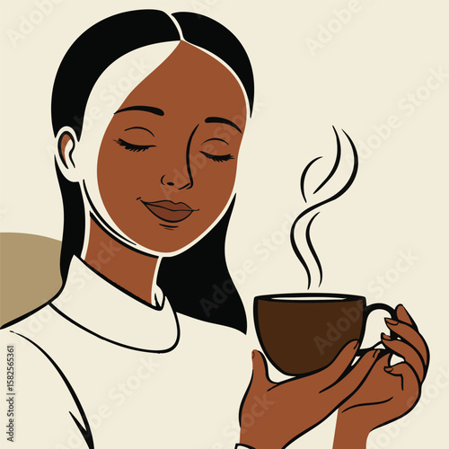 A woman is holding a cup of coffee and looking at the camera