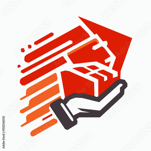 Fast shipping arrow symbol with box, solid red and orange color, white background