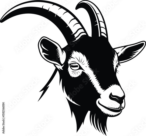 A bold black and white illustration showcases a goat head with imposing horns, embodying strength and determination against a white background.