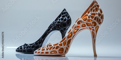 Futuristic High Heels Shoes Black and Orange with Mesh Design on Reflective Surface