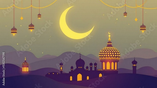 Glowing crescent moon and lanterns above a silhouetted islamic cityscape
