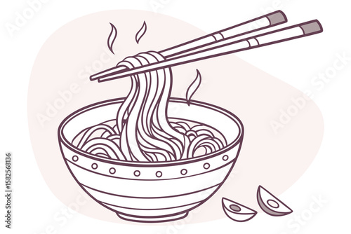 Illustration of a bowl of noodles with chopsticks and steam rising from the dish on pink background