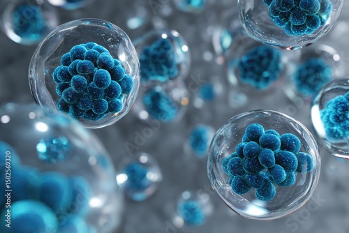Microscopic view of numerous translucent spheres, each encapsulating a cluster of vibrant blue cells against a muted gray backdrop