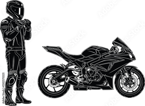 Illustration showcasing a motorcyclist standing by a sleek sports bike, rendered in a bold black and white vector style.