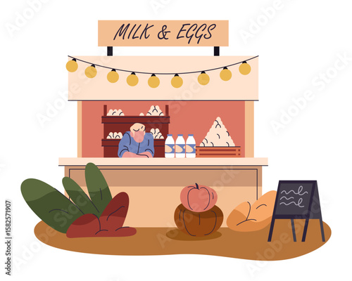 Vector farm food shop with dairy product. Counter with egg and milk, cottage cheese. Autumn stand with rural nutrition, drink and meal. Market stall, display with natural, vegan meal. Farming harvest.