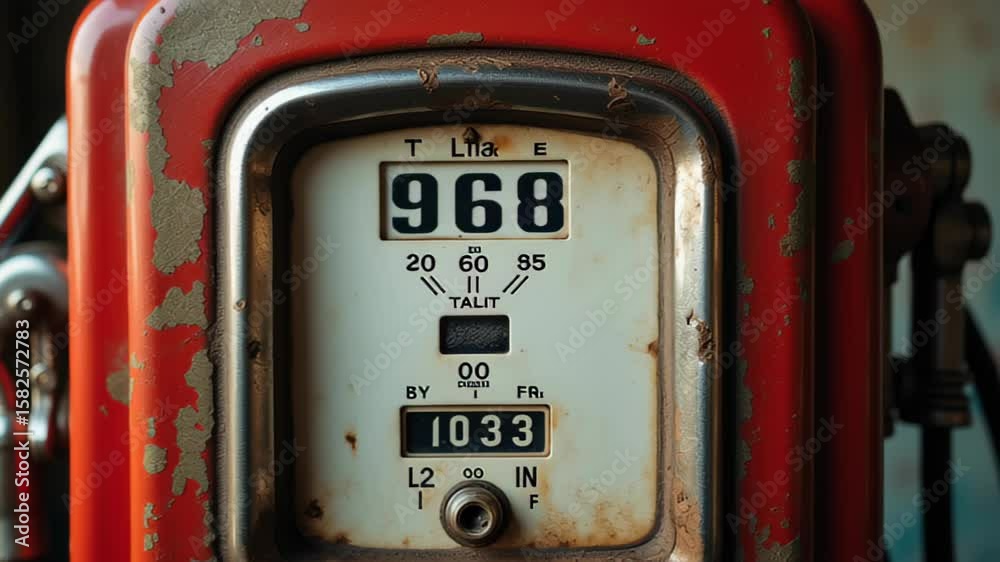 Petroleum Product concept ,Nostalgic Vintage Red Gas Pump with Weathered Retro Design and Visible Numbers Fueling Memories