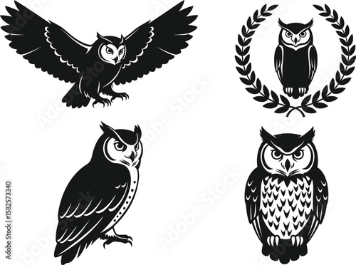 Four detailed owl designs in black and white, showcasing different poses such as flying, standing, and framed with laurel leaves.