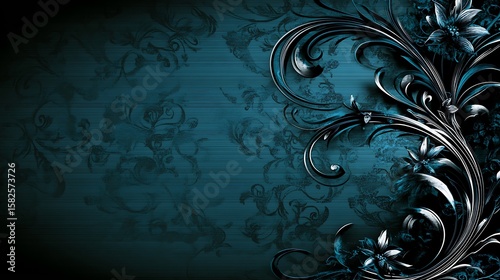 Dark teal background with ornate, stylized floral design