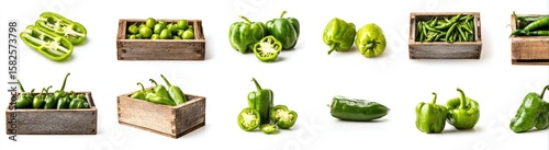 Wallpaper Mural Assorted green peppers displayed in wooden crates and individually, showcasing various shapes, sizes, and cuts; some sliced, others whole Torontodigital.ca