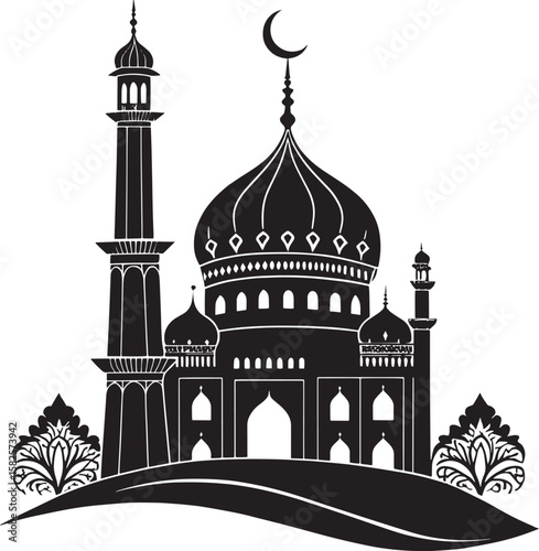 Islamic mosque with crescent moon and ornate details