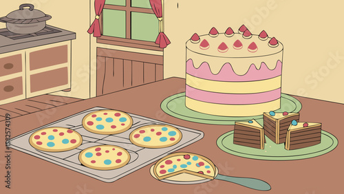 A kitchen scene with a cake topped with strawberries and cookies on a baking sheet displayed