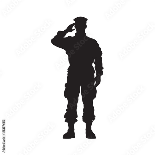Soldier Salute vector silhouette, saluting male army soldiers white Background, black and white, military salute figure, soldiers saluting in uniform silhouette
