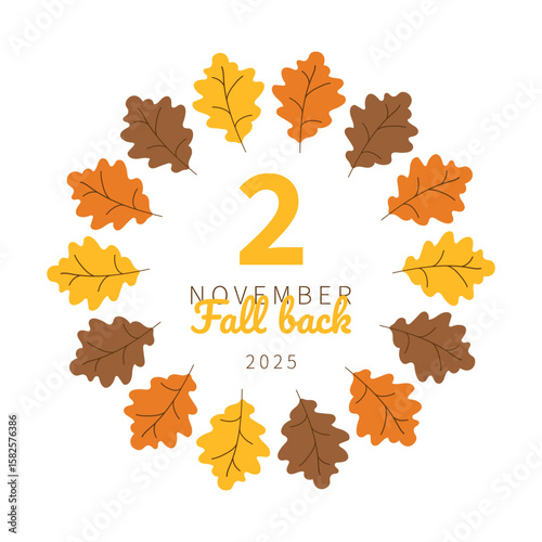 Fall Back 2025 poster template. Reminder card for wintertime. November 2. Calendar date and autumn oak leaves frame decoration. Daylight Saving Time Ends cover flyer background.