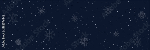 Winter snow empty blue background. Random falling snowflakes banner with glow. Snowfall dust freeze granule. Night dark winter sky. Nature scenery for Christmas, New Year poster card and copy space