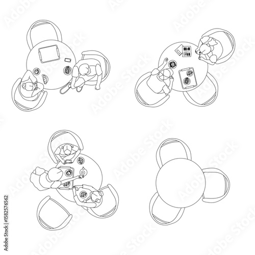 Vector Top View People Sitting at Café Tables Eating and Chatting in Coffee Shop Scene