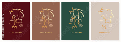 Christmas and Happy Holidays invitation card design vector. Minimal Happy New Year , Christmas bauble, leaves branch on red, green and beige background. Design for Season's Greeting, Christmas, cover.