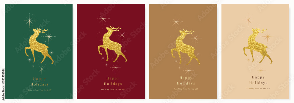 Obraz premium Christmas and Happy Holidays invitation card design vector. Minimal Happy New Year , Reindeer, sparkle on red, green and beige background. Design for Season's Greeting, Christmas, cover.