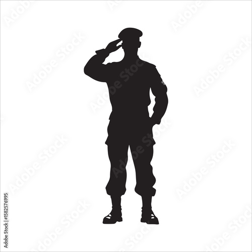 Soldier Salute vector silhouette, saluting male army soldiers white Background, black and white, military salute figure, soldiers saluting in uniform silhouette