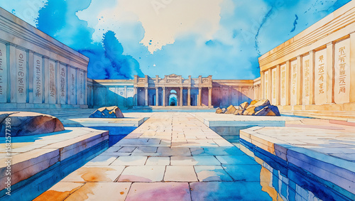 Watercolor painting of an ancient temple courtyard featuring columns and water features