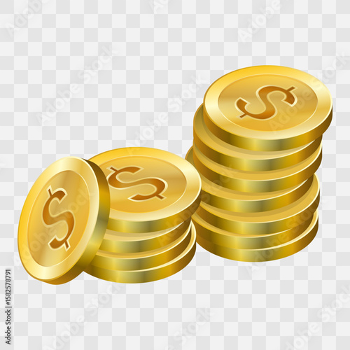 Gold coin stack vector on checkered background. Isometric wealth pile for crypto branding, investment apps and luxury product packaging - shimmering dollar coin collection