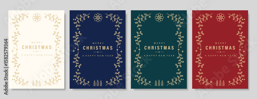 Christmas and Happy Holidays invitation card design vector. Minimal Happy New Year, Holly leaves on green red beige and navy blue background. Design for Season's Greeting, Christmas, cover.