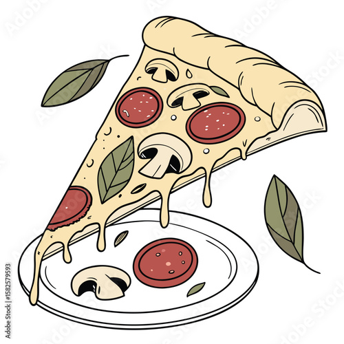 A slice of pizza with pepperoni and mushrooms served on a plate with basil leaves around it