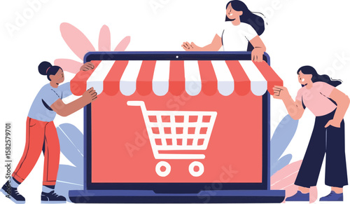 People pushing a shopping cart on a laptop screen representing online shopping