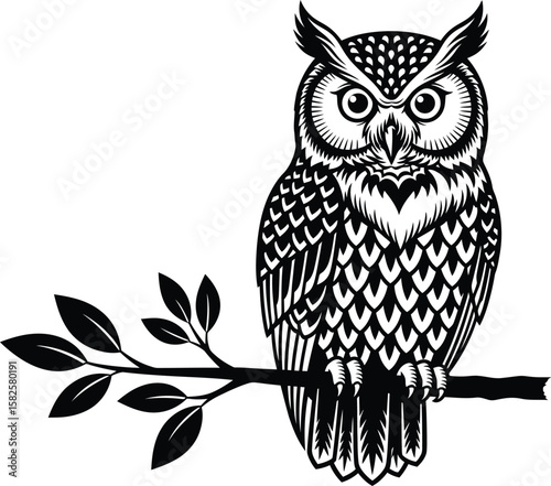 Striking owl illustration perched on a branch, showcasing intricate feather details.