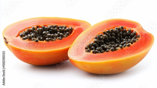 Freshly cut papaya halves showcasing vibrant color and texture against white