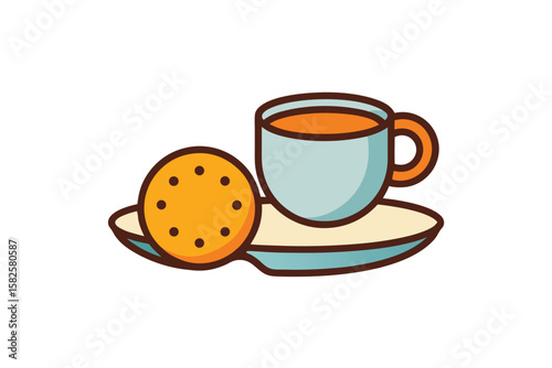 Tea Cup And Plate With Biscuit Stylized Illustration