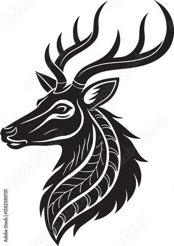 Stylized black deer head with ornate antlers stag profile