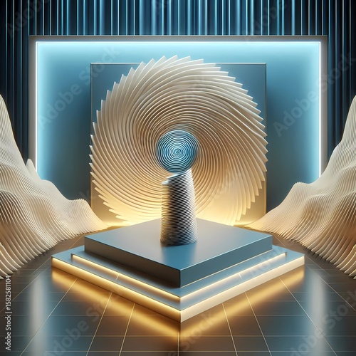 Futuristic Sci-Fi Folded Rectangular Platform with Green and Blue Spiral Core and Ripple Light Effects

