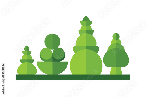 Stylized Topiary Bushes In Shapes On White Background