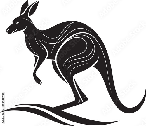Stylized black kangaroo leaping marsupial animal