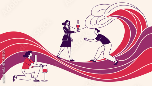 A vibrant illustration featuring diverse individuals engaging in drink mixing, capturing a lively, energetic atmosphere.