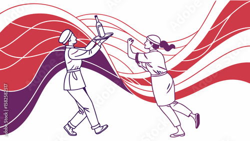 A cheerful male waiter serves a bottle of wine to a female chef in an energetic atmosphere.