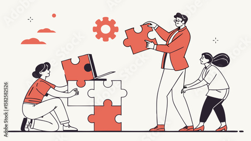 A diverse group collaborates to assemble large puzzle pieces, showcasing teamwork and problem-solving in a colorful environment.