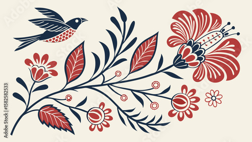 A colorful illustration featuring a bird, vibrant flowers, and leaves in a stylized floral design.