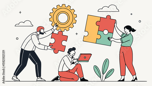 Three diverse individuals collaborate to solve a puzzle, illustrating teamwork and creativity in a modern setting.
