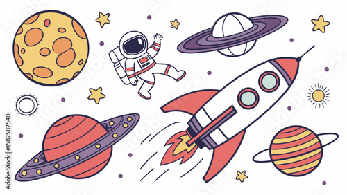 A playful illustration of a male astronaut exploring outer space with colorful planets and a rocket.