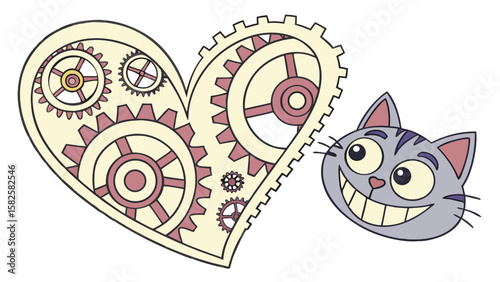 A whimsical gray cat with a big smile gazes at a mechanical heart adorned with gears and cogs.
