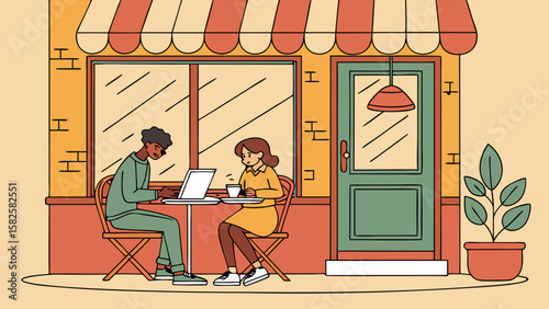 A young Black man and a young woman enjoying coffee at a café, focusing on their laptops in a cozy outdoor setting.