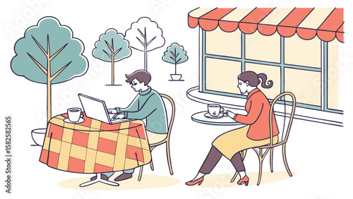 A young man and woman enjoying a café setting; he works on a laptop, while she relaxes with coffee.