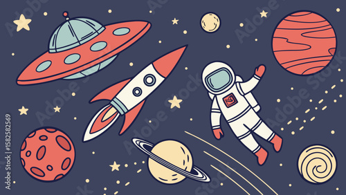 A playful illustration featuring an astronaut floating in space surrounded by planets, a rocket, and a flying saucer.